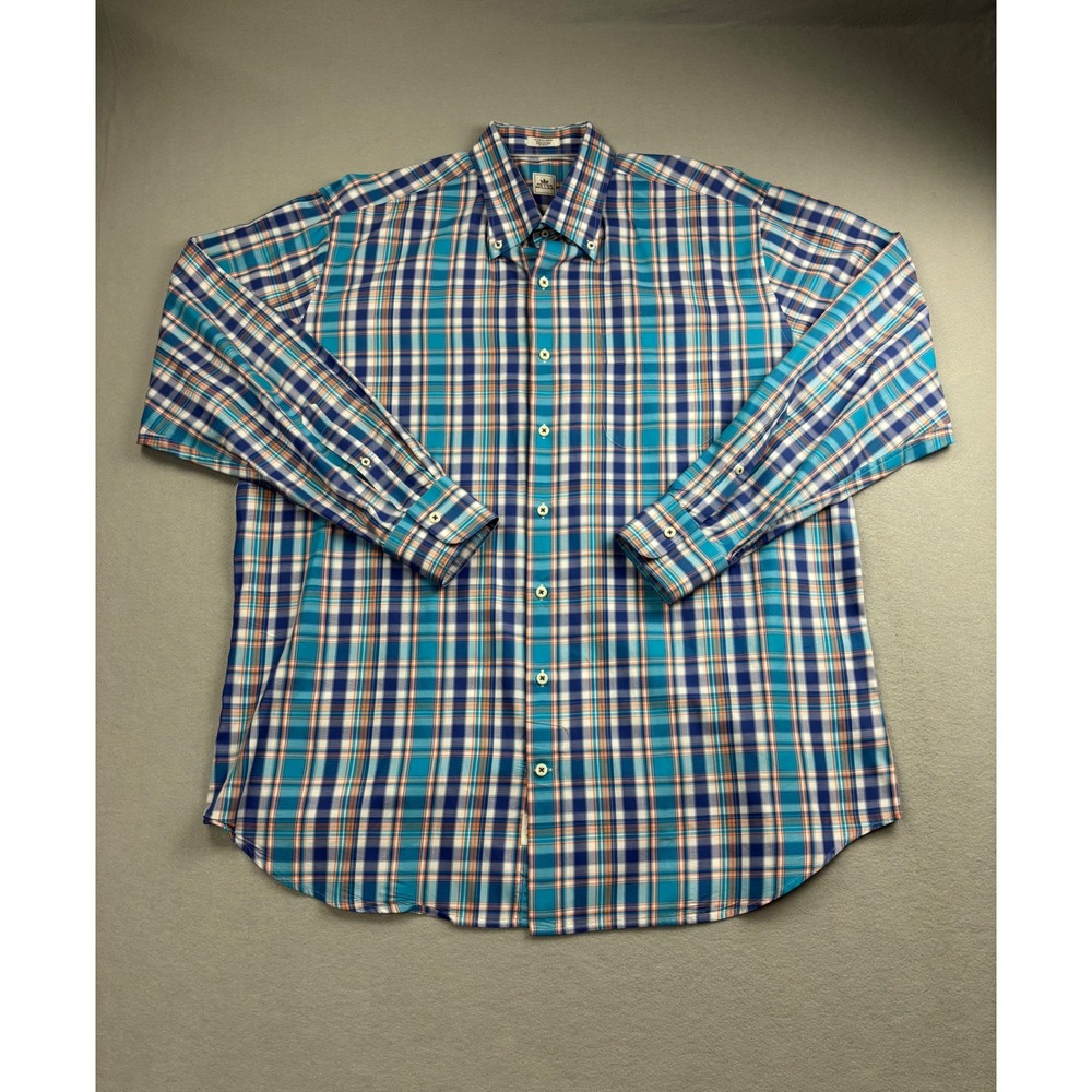 Peter Millar Men XL Plaid Button Down Shirt Blue Orange Cotton Long Sleeve